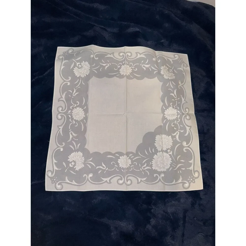 Vintage White Floral Scroll Cloth Napkins Handkerchief Set of 6